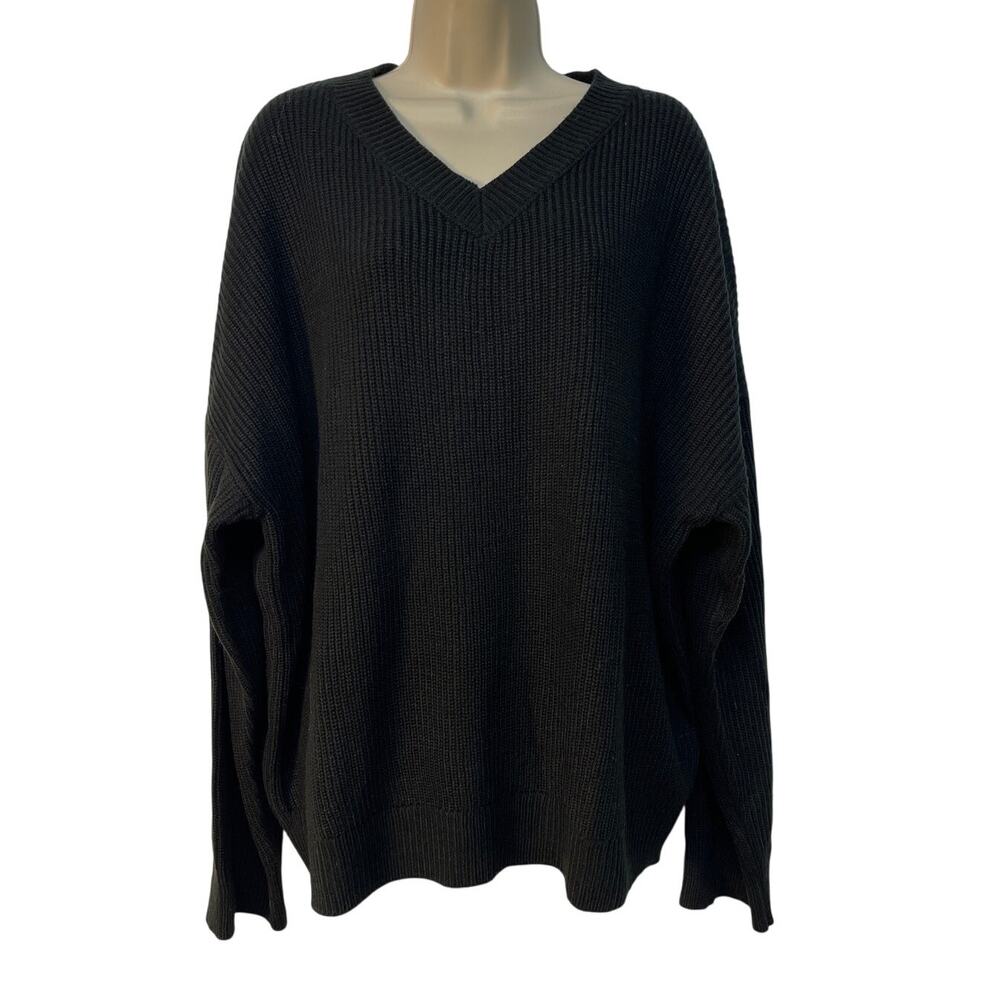 Dazy Womens XL Black Ribbed V-Neck Oversized Pullover Sweater Drop Shoulder Knit